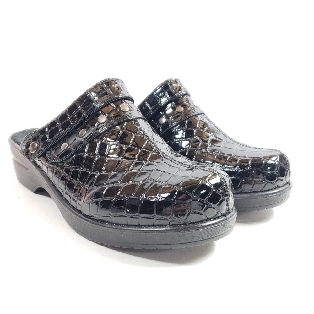 Ingaro Womens Size 8.5 Black Croc-Embossed Slip-On Clog Faux Leather
